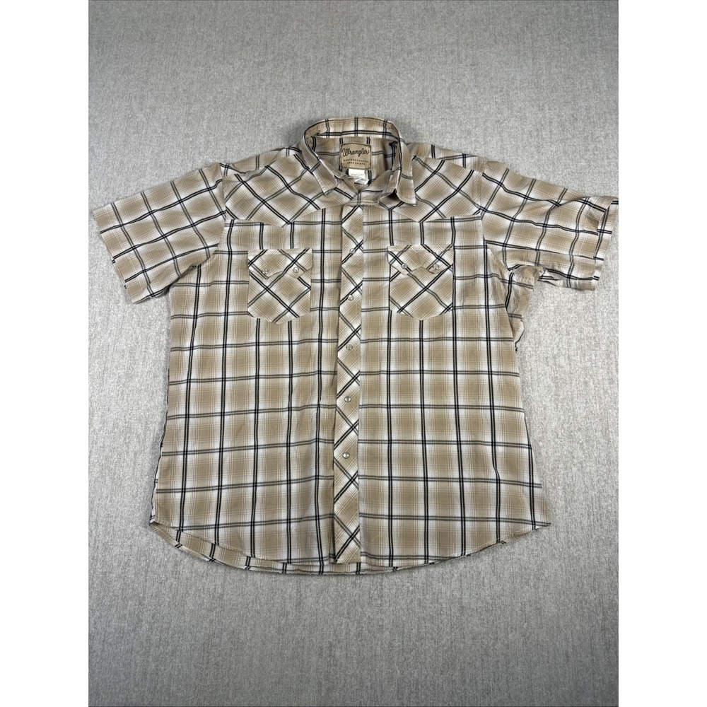 Wrangler Snap‎ Shirt Men XL Tan Black Plaid Western Short Sleeve Rodeo Button Up